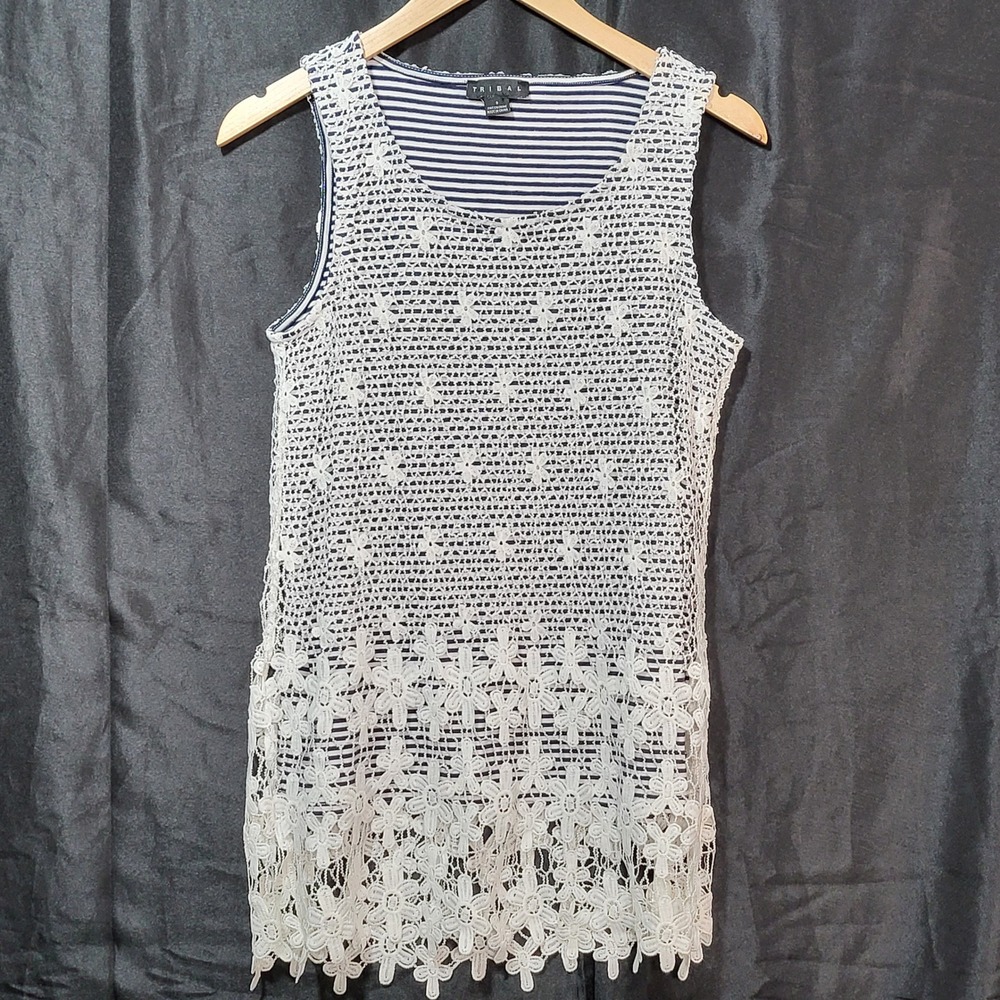 Tribal Womens Crochet Lace Striped‎ Sleeveless Tunic Top White Navy Blue